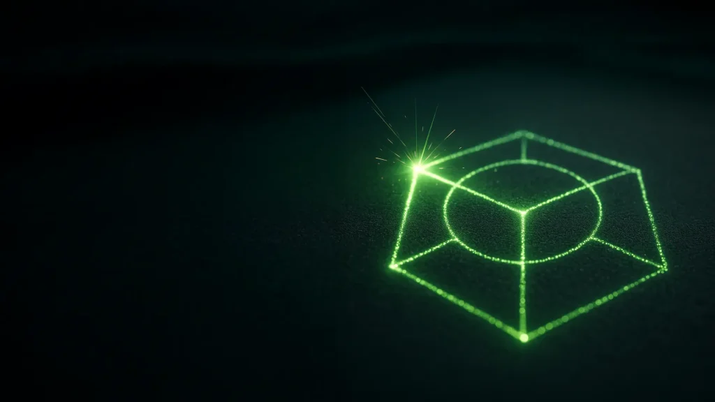 Cineastische Darstellung des SLS 3D Druck Verfahrens: grüner Laser zeichnet ein geometrisches Raster in eine Pulverschicht, symbolisch für additive Fertigung und innovative Drucktechnologien.